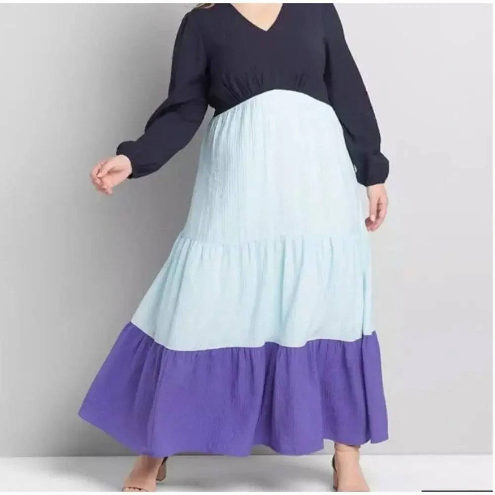 Lane Bryant Tiered Crepe Maxi Dress Blue Colorblock Long Sleeves v neck Sz 22P - Picture 1 of 10